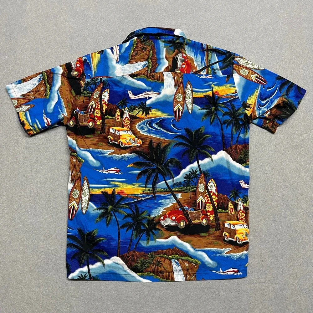 Royal Hawaiian Creations Shirt Mens Medium Blue Tropical Surfboard Classic Cars - Picture 5 of 9